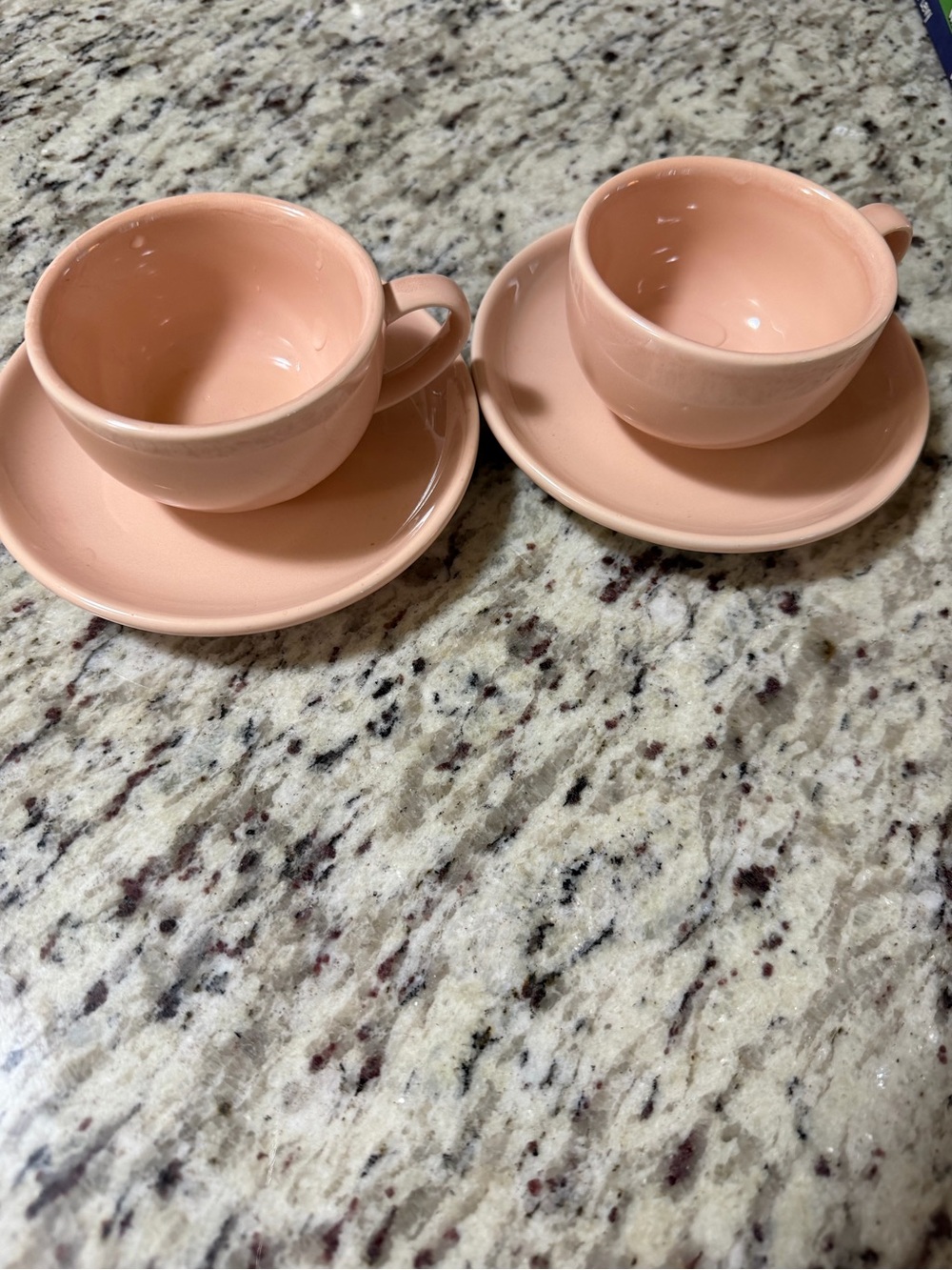 Set of 2 Pink Ceramic Espresso with Saucers